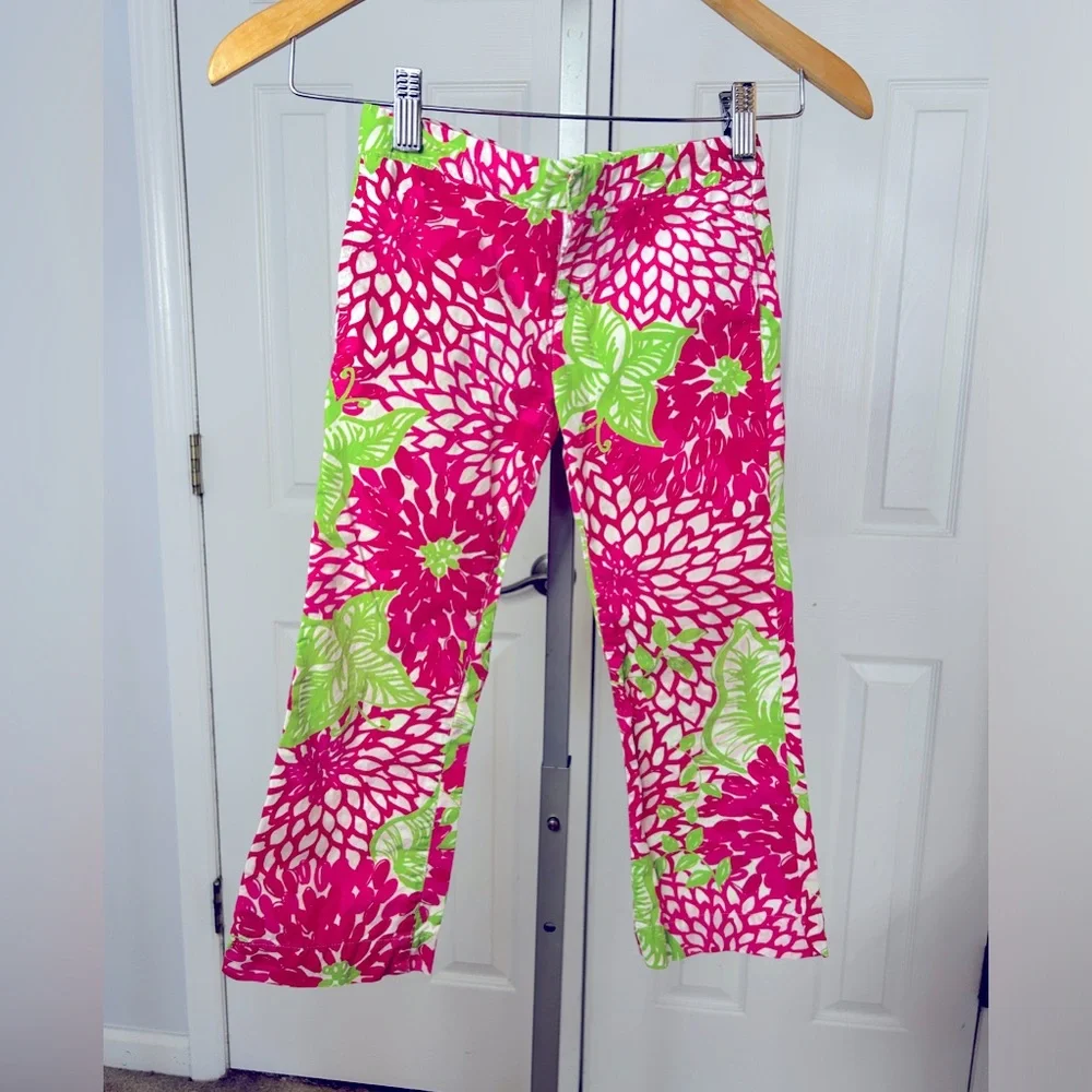 LILLY PULITZER Jubilee Cameron Poplin Zinnia Pants Girls 5 Pink Green White - Picture 1 of 4